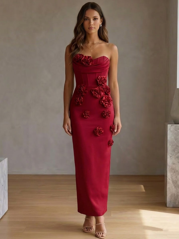 Sheath/Column Strapless Stretch Satin Cocktail Dresses with 3D Flowers Sleeveless Ankle-Length Formal Dresses