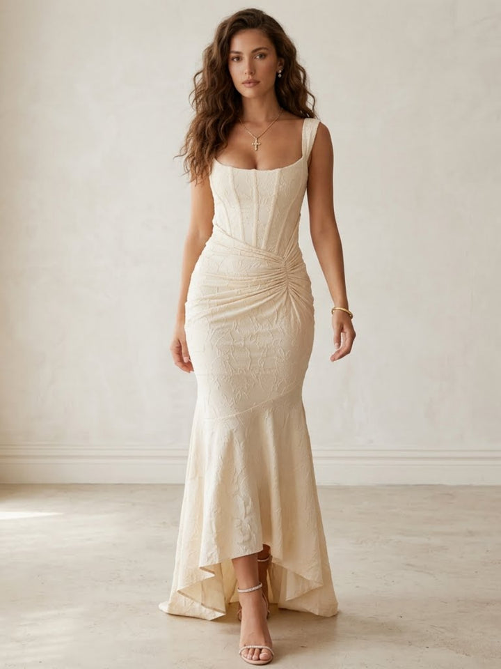 Trumpet/Mermaid Square Collar Floral Burnout Cocktail Dresses Asymmetrical Floor-Length Sleeveless Ruched Formal Dresses