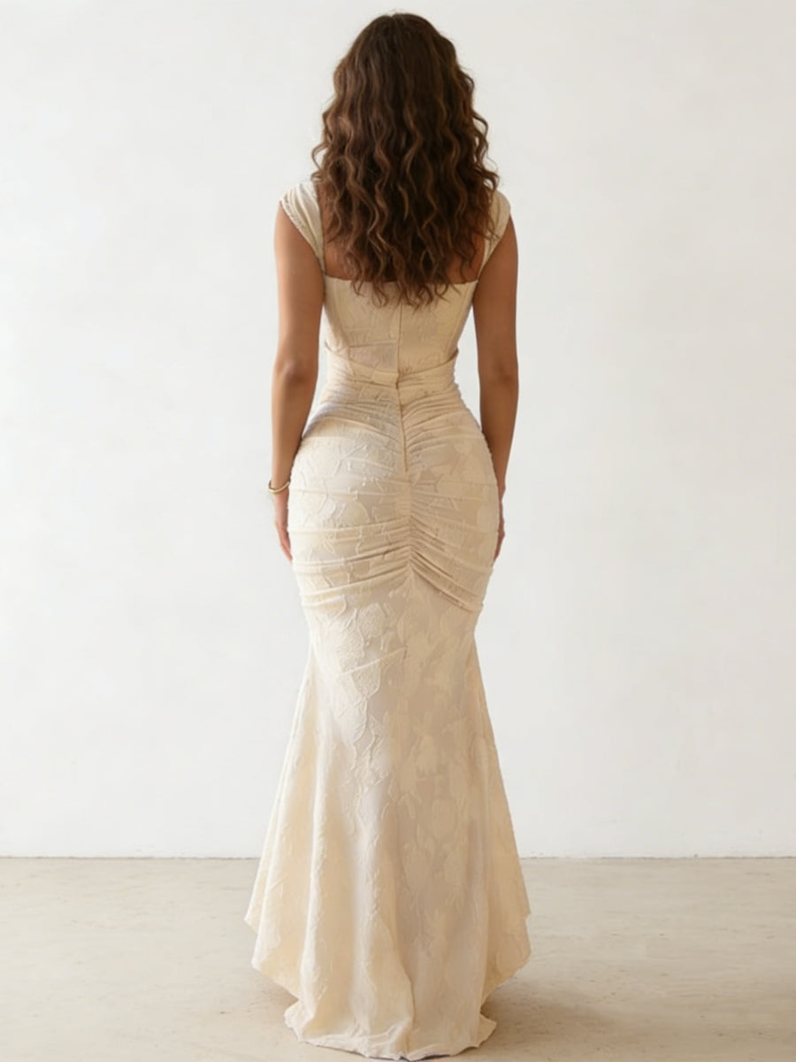 Trumpet/Mermaid Square Collar Floral Burnout Cocktail Dresses Asymmetrical Floor-Length Sleeveless Ruched Formal Dresses