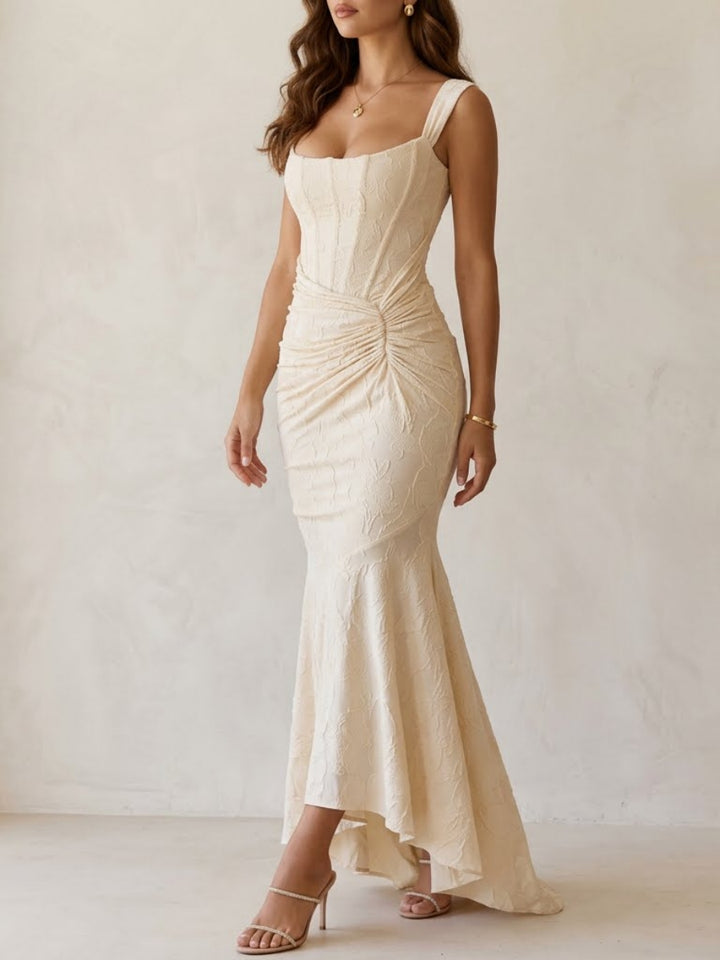 Trumpet/Mermaid Square Collar Floral Burnout Cocktail Dresses Asymmetrical Floor-Length Sleeveless Ruched Formal Dresses