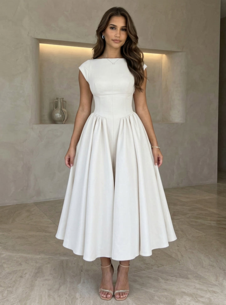 A-Line/Princess Boat Neck Stretch Satin Cocktail Dresses Sleeveless Tea-Length Graduation Dress Pleated Little White Dresses