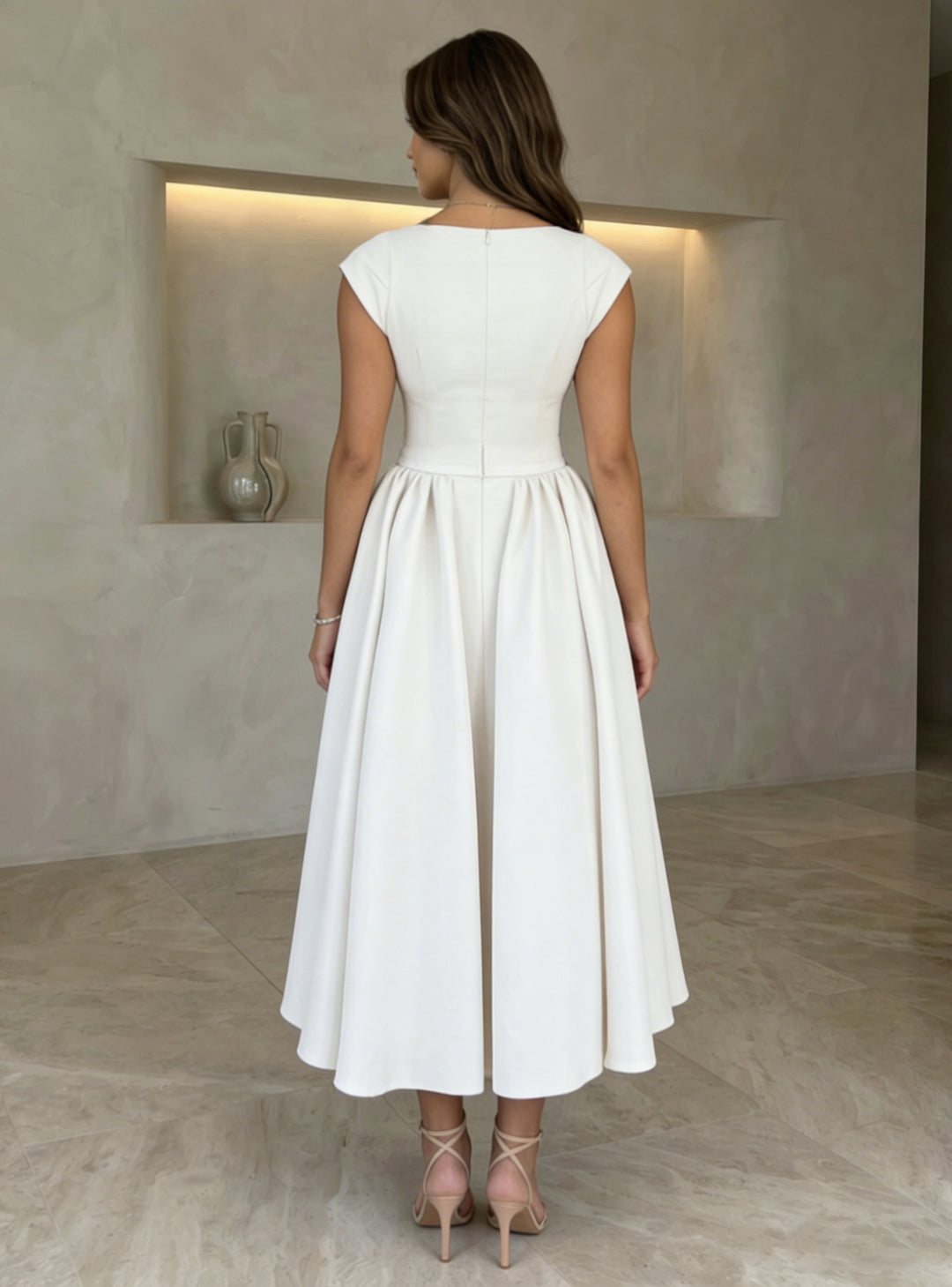 A-Line/Princess Boat Neck Stretch Satin Cocktail Dresses Sleeveless Tea-Length Graduation Dress Pleated Little White Dresses