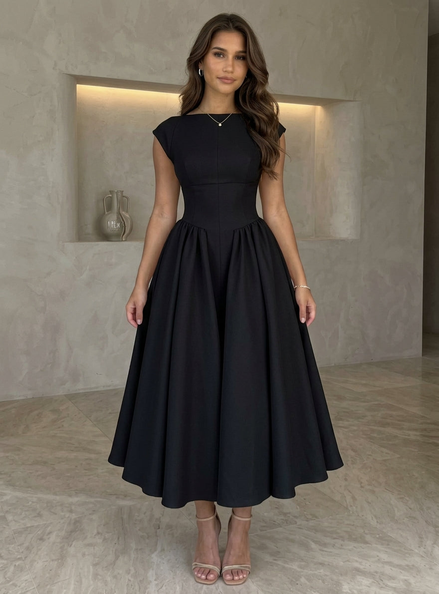 A-Line/Princess Boat Neck Stretch Satin Cocktail Dresses Sleeveless Tea-Length Graduation Dress Pleated Little White Dresses Black A-Line/Princess Boat Neck Stretch Satin Cocktail Dresses Sleeveless Tea-Length Graduation Dress Pleated Little White Dresses Black