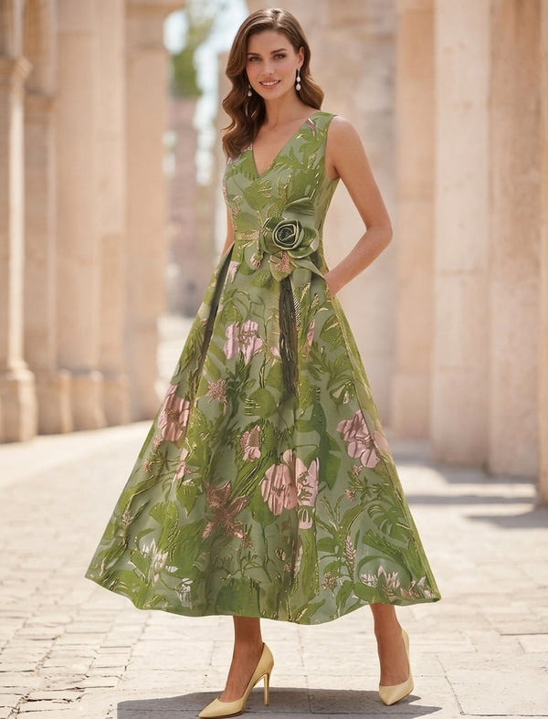 A-Line/Princess V-Neck Jacquard Cocktail Dresses with 3D Flower Tea-Length Sleeveless Floral Formal Dresses