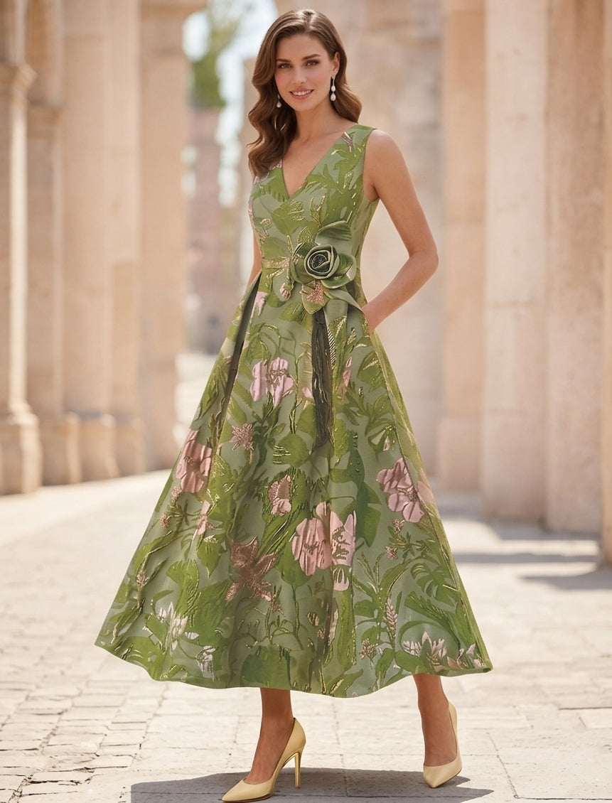 flower cocktail dresses A-Line/Princess V-Neck Jacquard with 3D Tea-Length Sleeveless Floral Formal Dresses Style:23904Y Neck Hemline/Train File:Mourning dress, 19th century.JPG Clothing-size:Medium