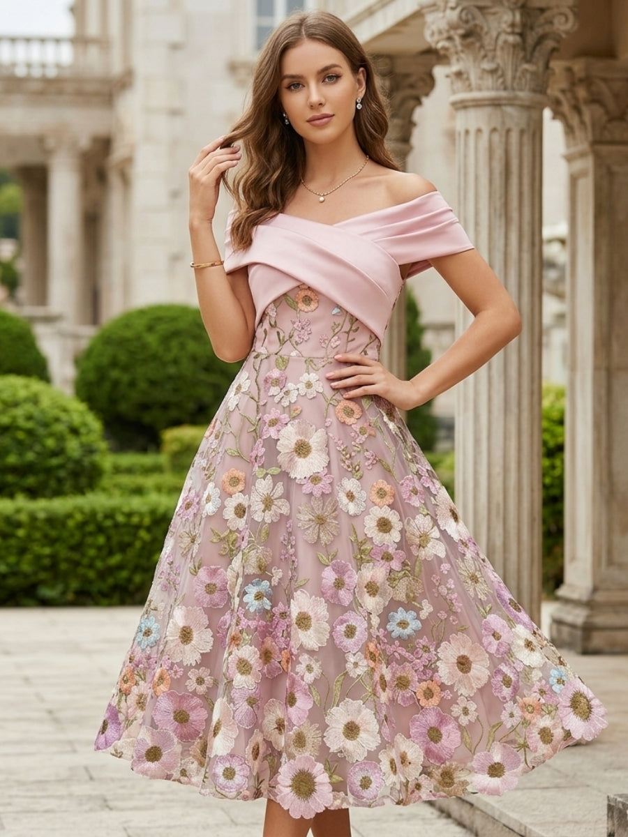 A-Line/Princess Off-the-Shoulder Cocktail Dresses Tea-Length Sleeveless Floral Lace Embroidery Satin Formal Dresses, Pink