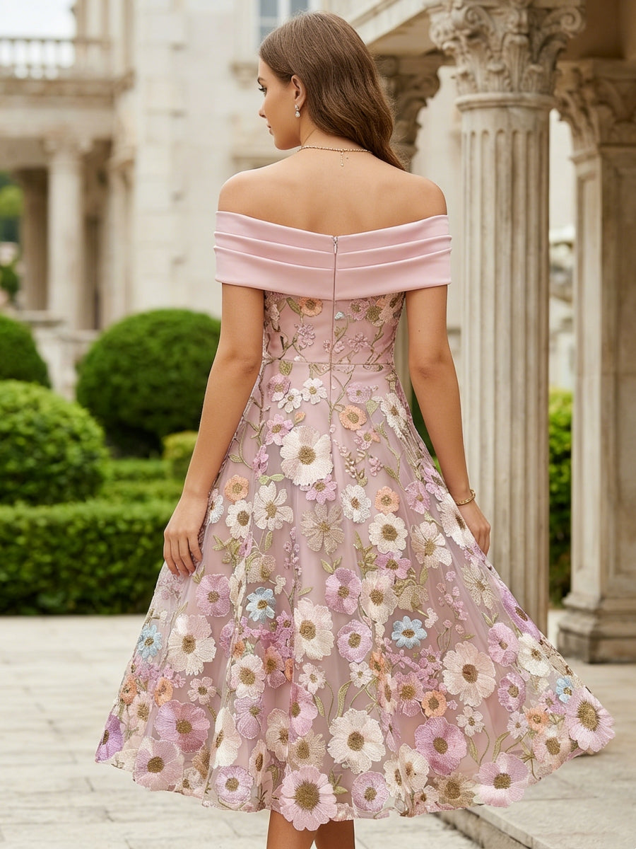 A-Line/Princess Off-the-Shoulder Cocktail Dresses Tea-Length Sleeveless Floral Lace Embroidery Satin Formal Dresses