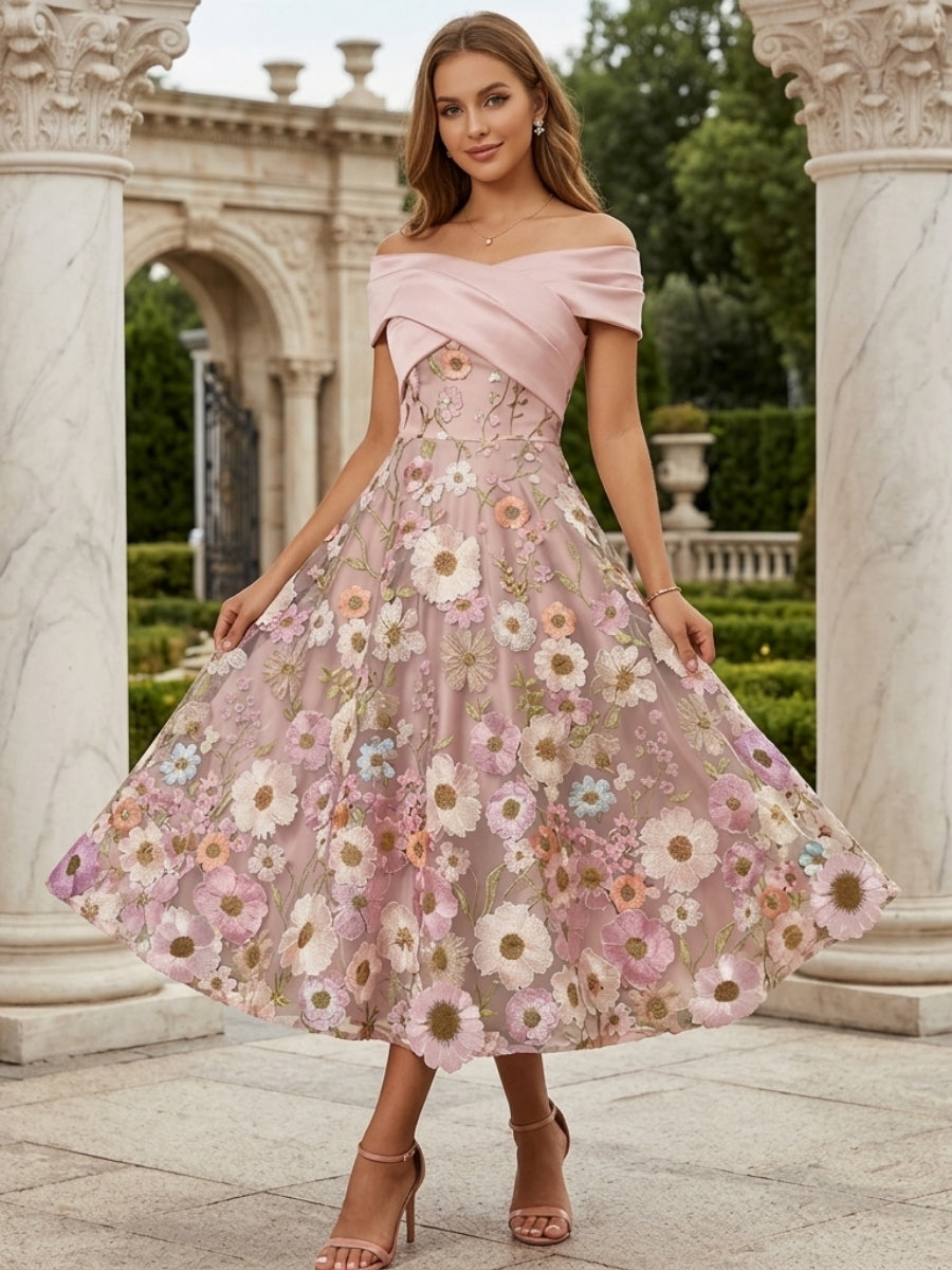 formal tea length dress Stacees Mother of the Bride or Groom Dress A-line V Neck Full/Long Sleeve Tea-Length Chiffon Pleated Waistband