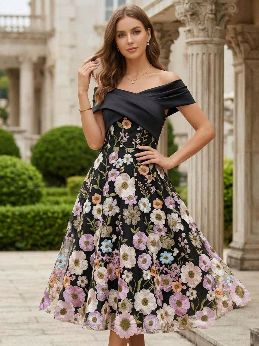 A-Line/Princess Off-the-Shoulder Cocktail Dresses Tea-Length Sleeveless Floral Lace Embroidery Satin Formal Dresses