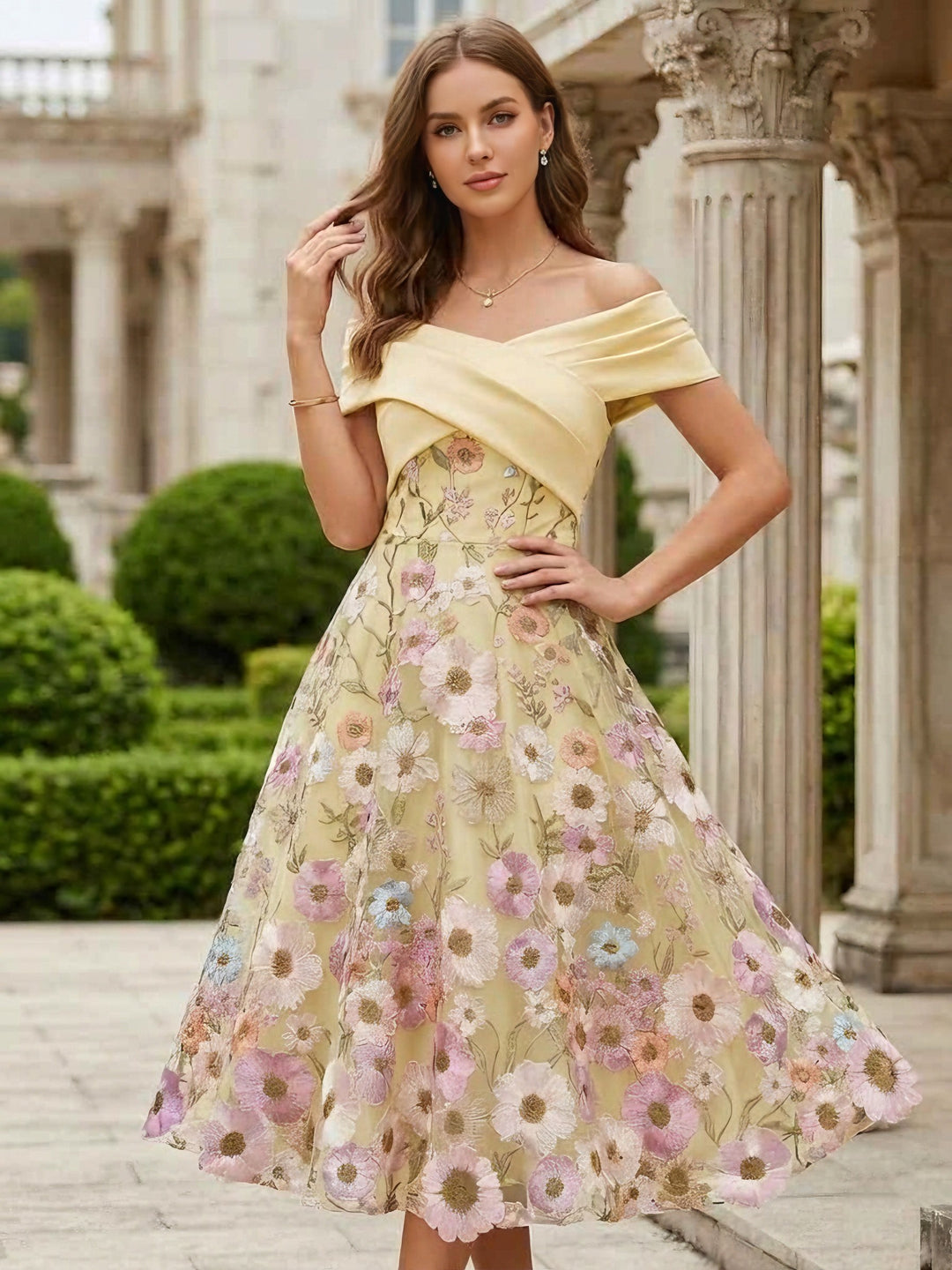 A-Line/Princess Off-the-Shoulder Cocktail Dresses Tea-Length Sleeveless Floral Lace Embroidery Satin Formal Dresses