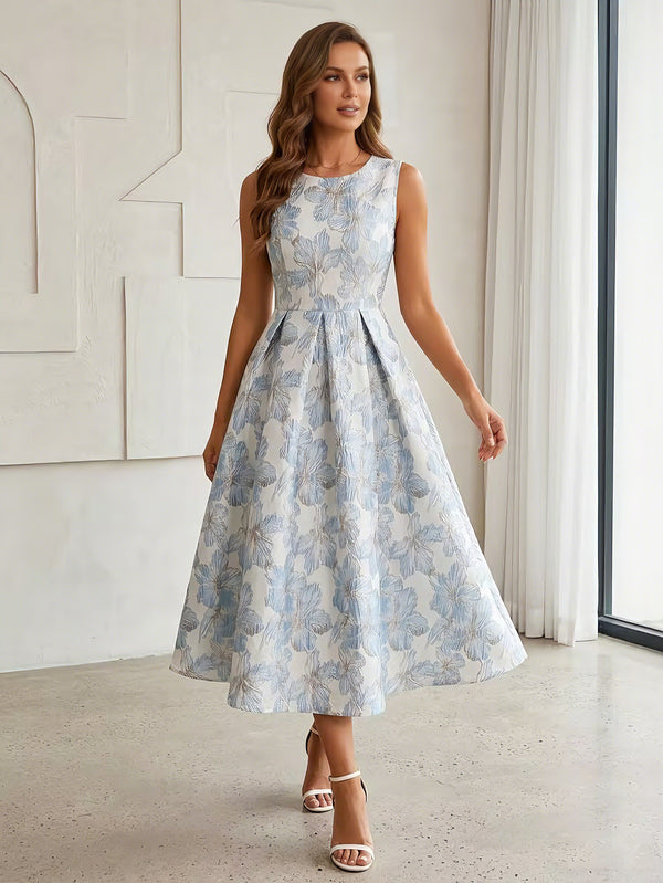 A-Line/Princess Scoop Jacquard Cocktail Dresses Tea-Length Sleeveless Floral Formal Dresses