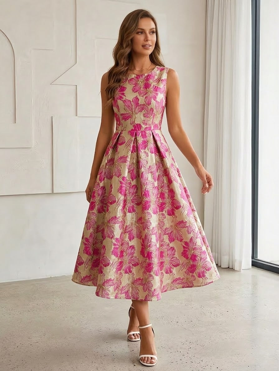 A-Line/Princess Scoop Jacquard Cocktail Dresses Tea-Length Sleeveless Floral Formal Dresses Fuchsia