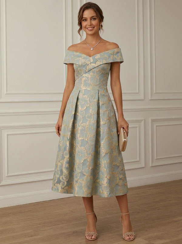 A-Line/Princess Off-the-Shoulder Jacquard Cocktail Dresses Tea-Length Sleeveless Floral Formal Dresses