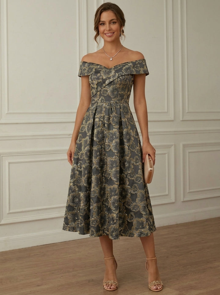 A-Line/Princess Off-the-Shoulder Jacquard Cocktail Dresses Tea-Length Sleeveless Floral Formal Dresses