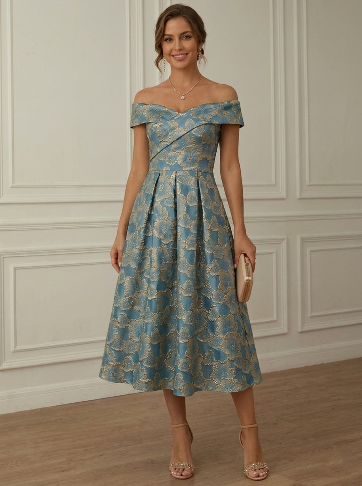 A-Line/Princess Off-the-Shoulder Jacquard Cocktail Dresses Tea-Length Sleeveless Floral Formal Dresses