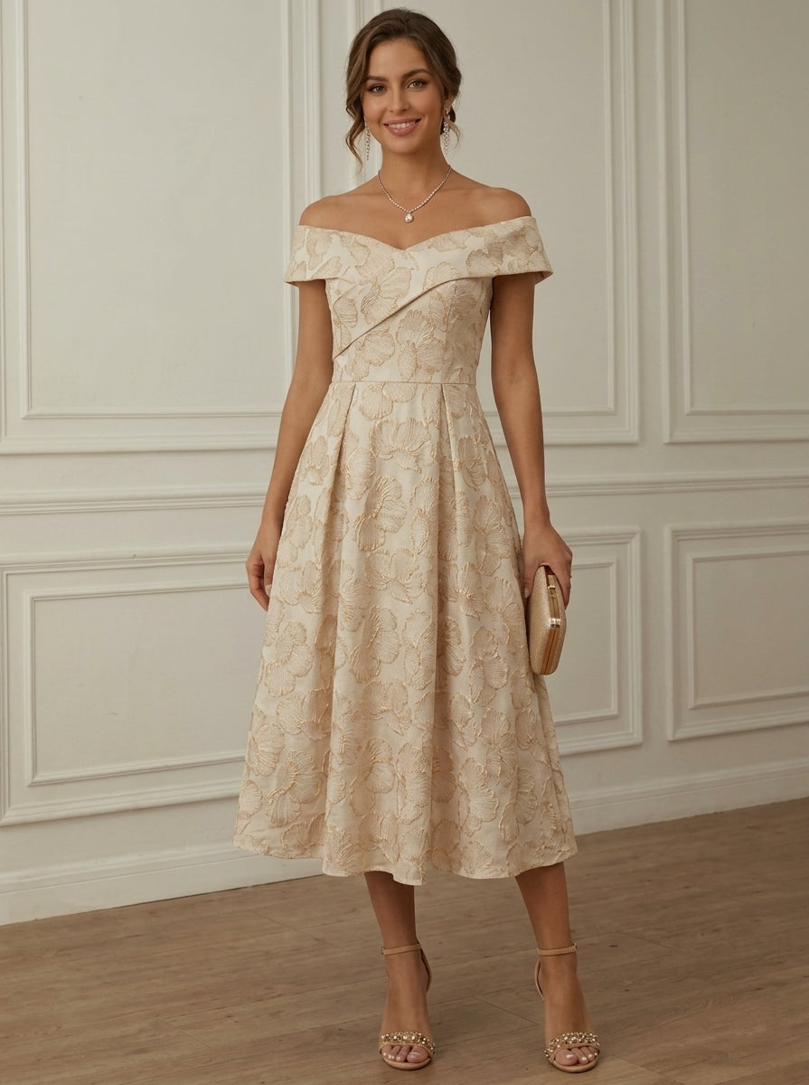 A-Line/Princess Off-the-Shoulder Jacquard Cocktail Dresses Tea-Length Sleeveless Floral Formal Dresses