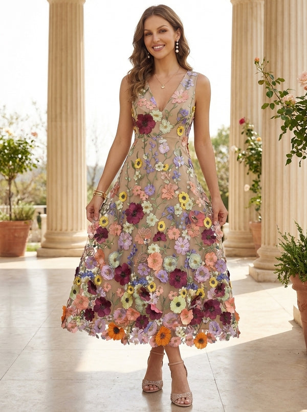 A-Line/Princess V-Neck Lace Embroidery Cocktail Dresses Floral Tea-Length Sleeveless Formal Dresses