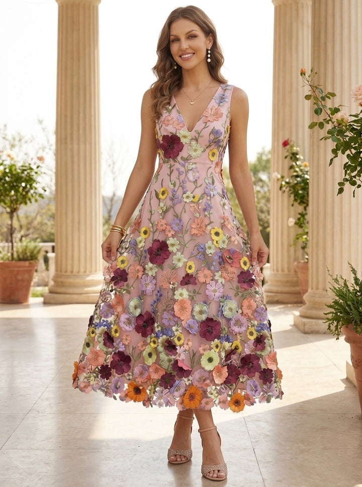 A-Line/Princess V-Neck Lace Embroidery Cocktail Dresses Floral Tea-Length Sleeveless Formal Dresses
