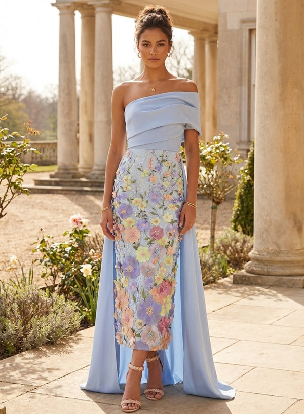 Sheath/Column One-Shoulder Satin Cocktail Dresses with Overskirt Sleeveless Floral Tea-Length Formal Dresses