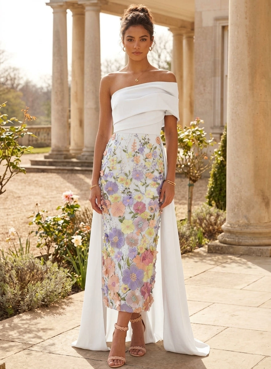 Sheath/Column One-Shoulder Satin Cocktail Dresses with Overskirt Sleeveless Floral Tea-Length Formal Dresses