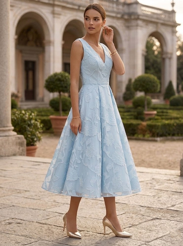 A-Line/Princess V-Neck Lace Floral Cocktail Dresses Tea-Length Sleeveless Formal Dresses