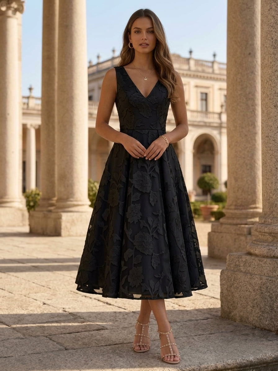 A-Line/Princess V-Neck Lace Floral Cocktail Dresses Tea-Length Sleeveless Formal Dresses