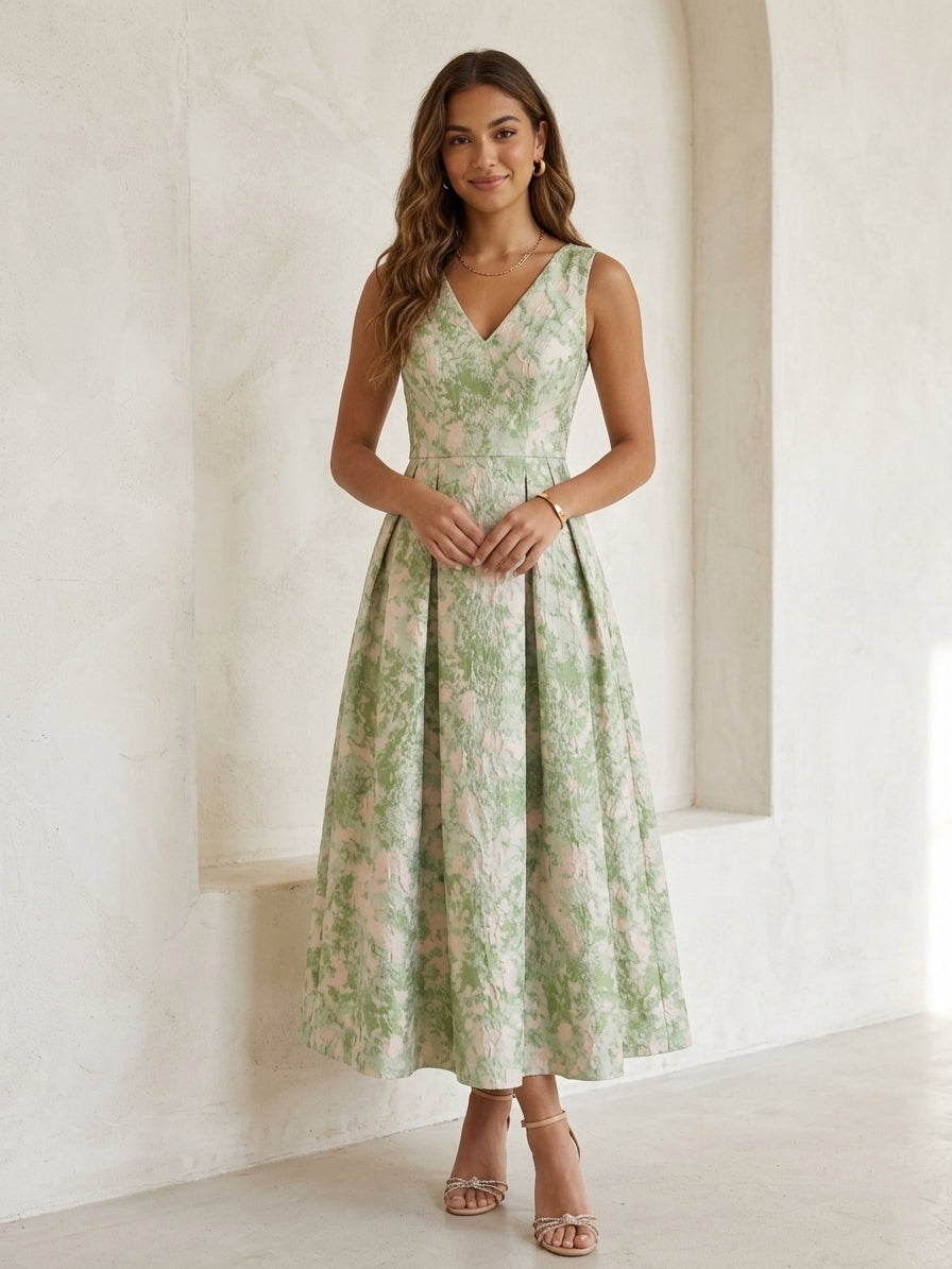 A-Line/Princess V-Neck Jacquard Cocktail Dresses Tea-Length Floral Sleeveless Formal Dresses
