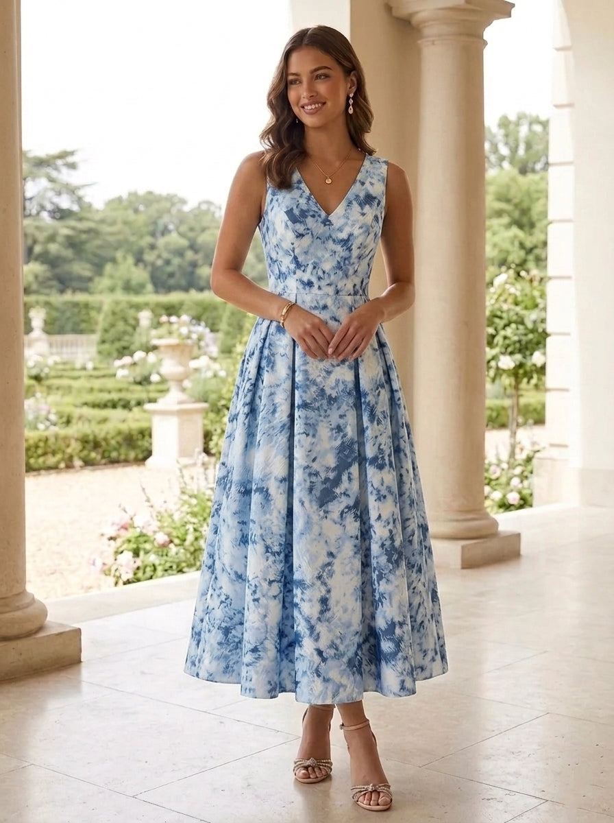 A-Line/Princess V-Neck Jacquard Cocktail Dresses Tea-Length Floral Sleeveless Formal Dresses
