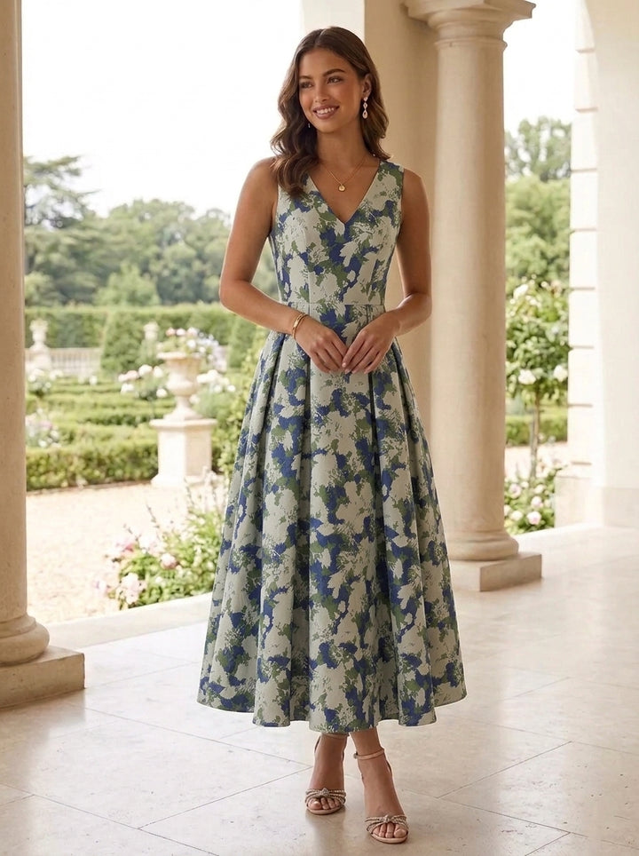 A-Line/Princess V-Neck Jacquard Cocktail Dresses Tea-Length Floral Sleeveless Formal Dresses