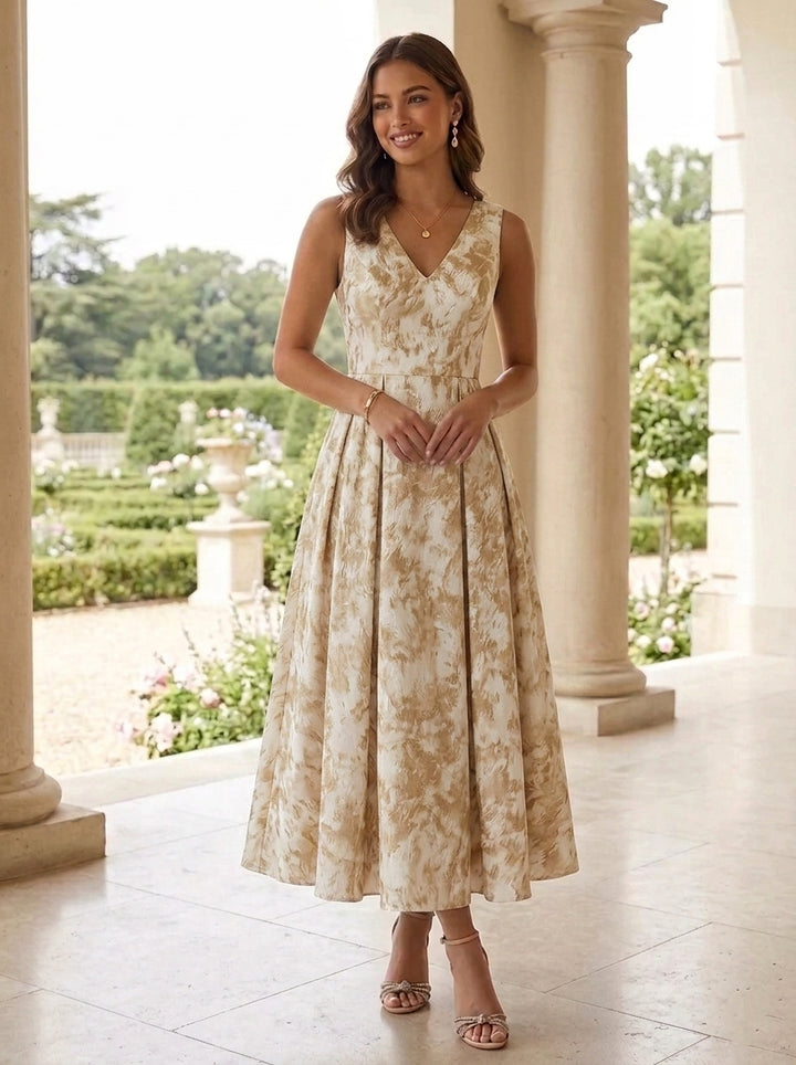 A-Line/Princess V-Neck Jacquard Cocktail Dresses Tea-Length Floral Sleeveless Formal Dresses