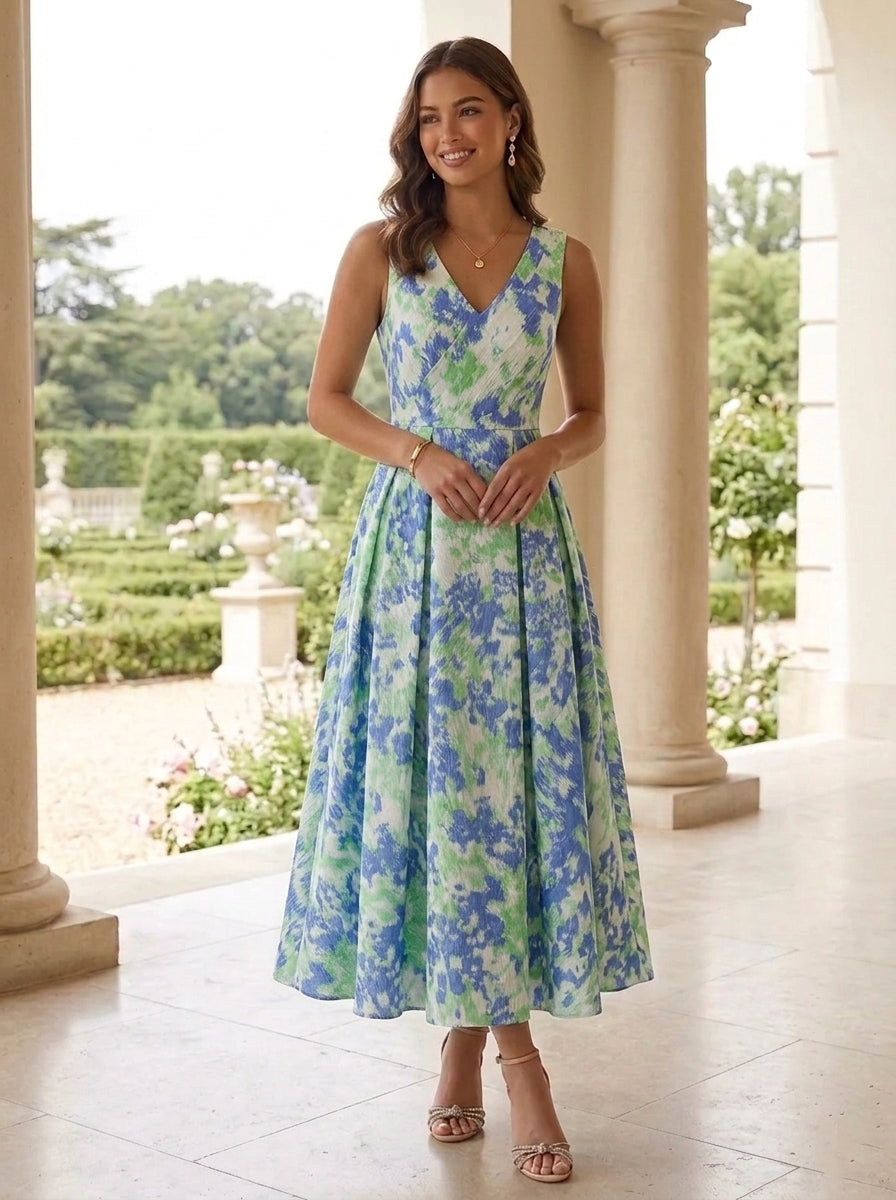 A-Line/Princess V-Neck Jacquard Cocktail Dresses Tea-Length Floral Sleeveless Formal Dresses