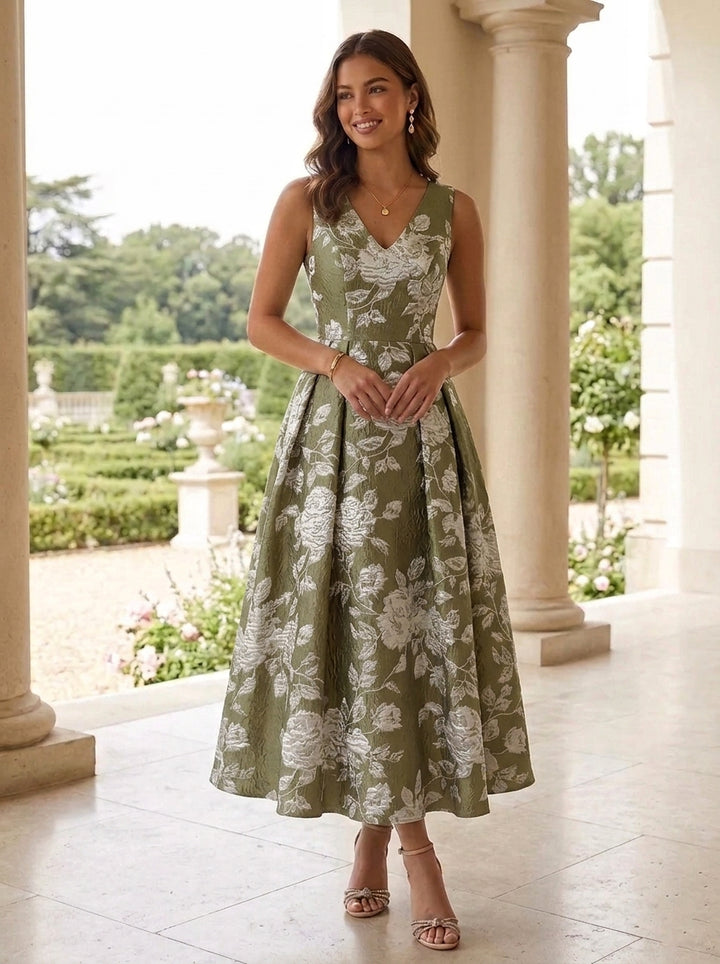A-Line/Princess V-Neck Jacquard Cocktail Dresses Tea-Length Floral Sleeveless Formal Dresses