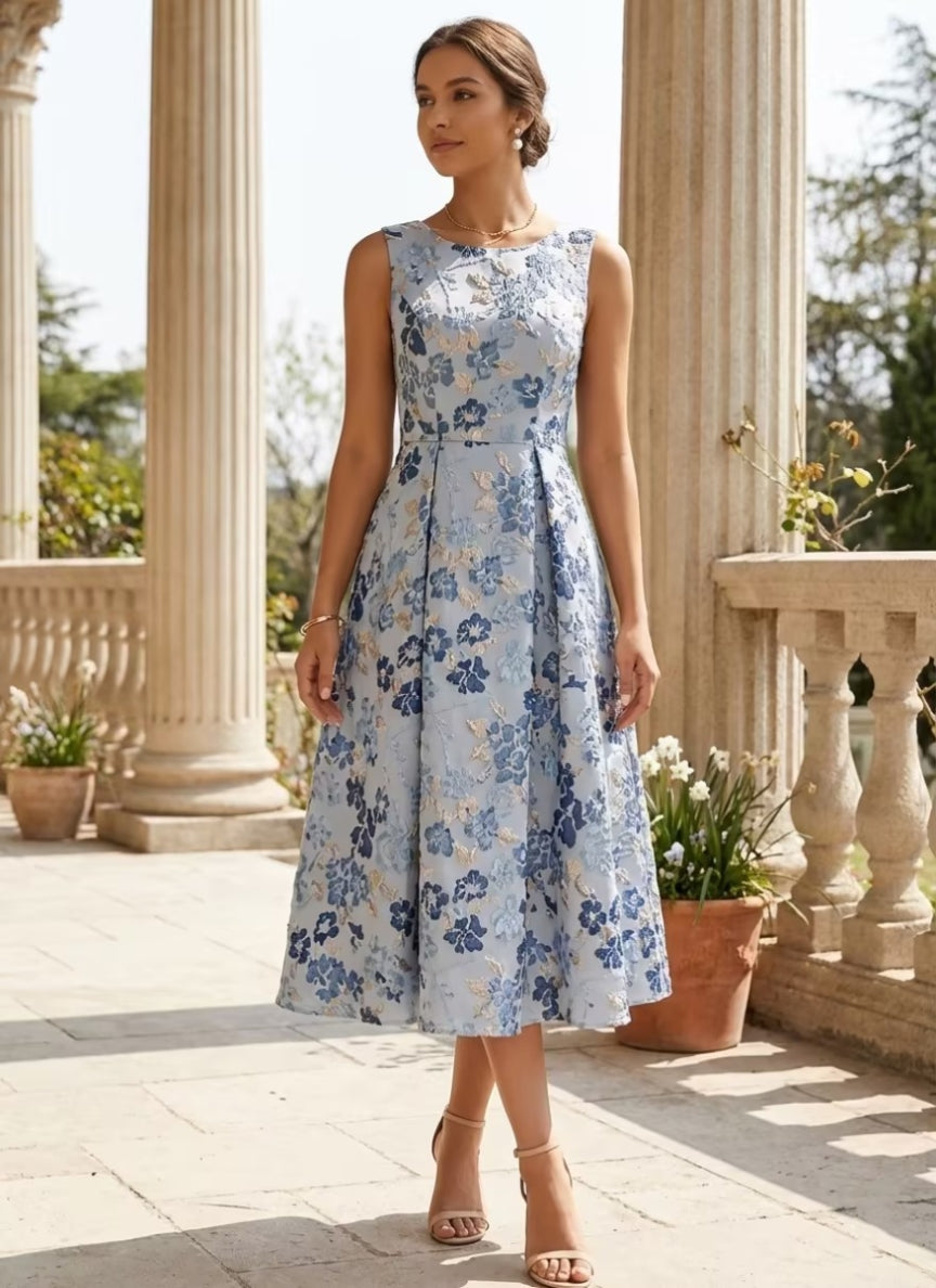 A-Line/Princess Scoop Jacquard Cocktail Dresses Tea-Length Floral Sleeveless Formal Dresses