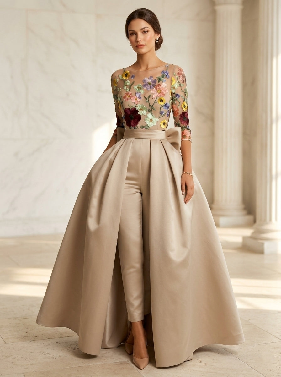 Jumpsuit Scoop Satin Evening Dresses with Overskirt Lace Floral 3/4 Sleeves Bowknot Ankle-Length Party Dresses, Champagne Jumpsuit Scoop Satin Evening Dresses with Overskirt Lace Floral 3/4 Sleeves Bowknot Ankle-Length Party Dresses, Champagne