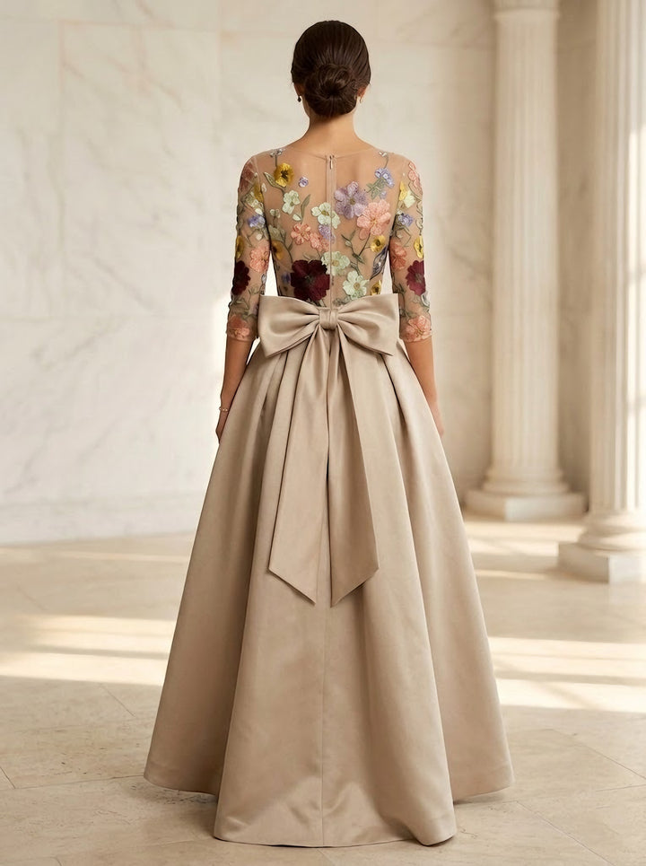 Jumpsuit Scoop Satin Evening Dresses with Overskirt Lace Floral 3/4 Sleeves Bowknot Ankle-Length Party Dresses