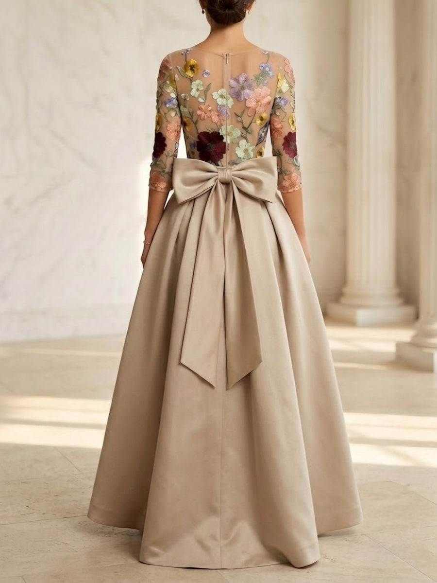 Jumpsuit Scoop Satin Evening Dresses with Overskirt Lace Floral 3/4 Sleeves Bowknot Ankle-Length Party Dresses