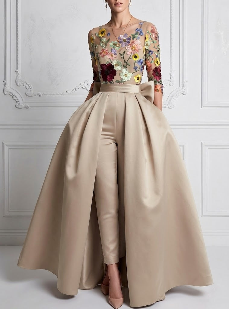 Jumpsuit Scoop Satin Evening Dresses with Overskirt Lace Floral 3/4 Sleeves Bowknot Ankle-Length Party Dresses, Champagne