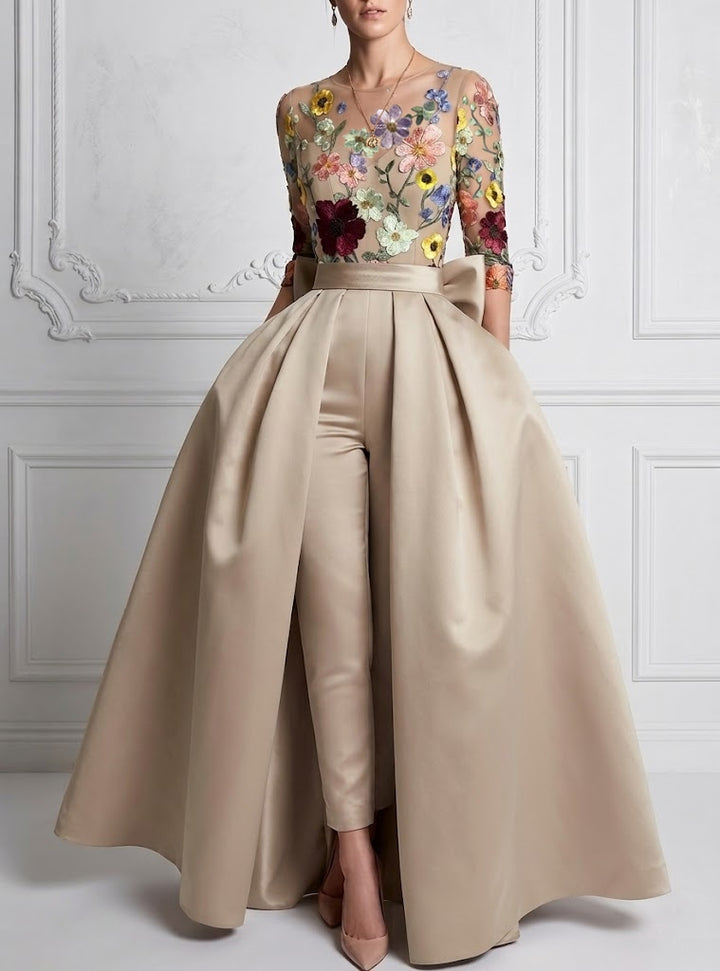 Jumpsuit Scoop Satin Evening Dresses with Overskirt Lace Floral 3/4 Sleeves Bowknot Ankle-Length Party Dresses