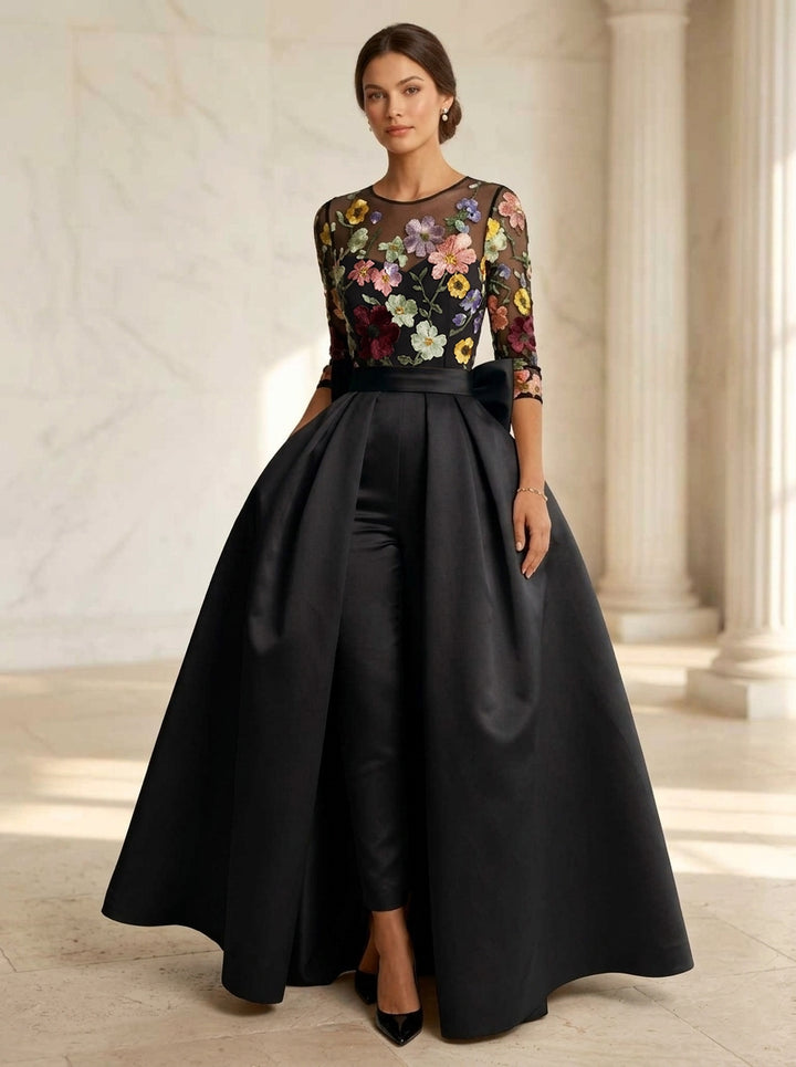 Jumpsuit Scoop Satin Evening Dresses with Overskirt Lace Floral 3/4 Sleeves Bowknot Ankle-Length Party Dresses