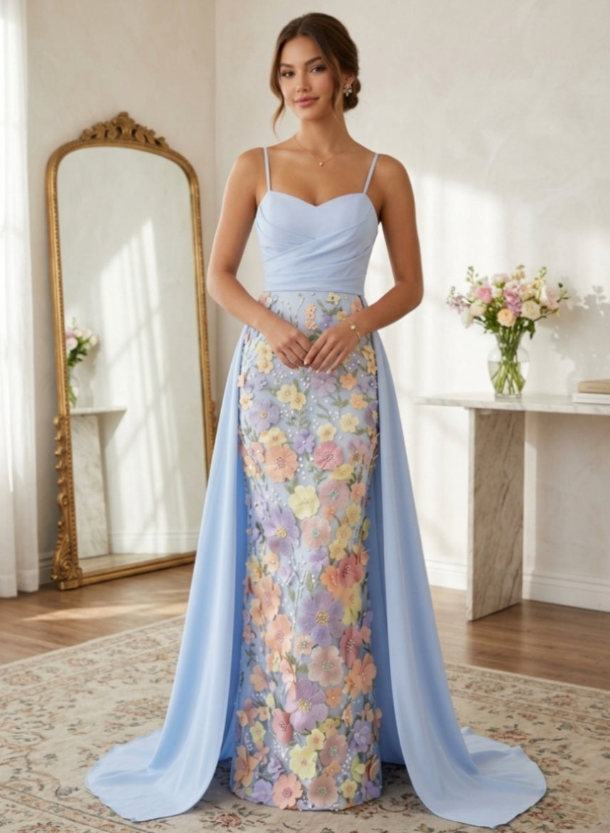 Sheath/Column Spaghetti Straps Satin Evening Dresses with Overskirt Sleeveless Floral Floor-Length Party Dresses