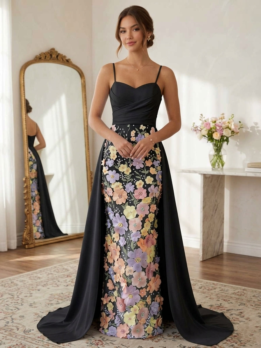 Sheath/Column Spaghetti Straps Satin Evening Dresses with Overskirt Sleeveless Floral Floor-Length Party Dresses