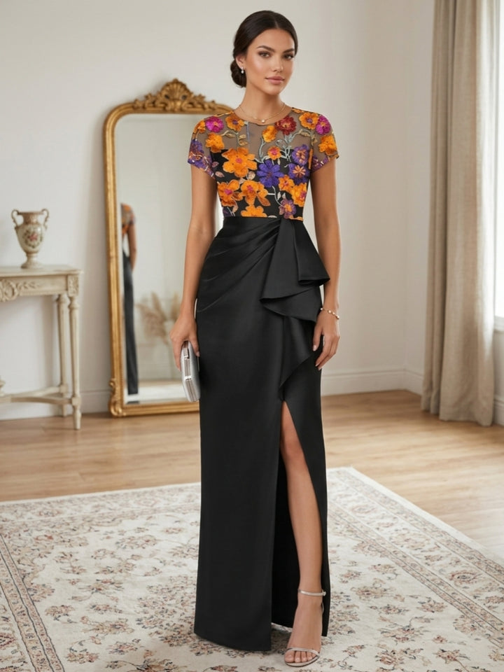 Sheath/Column Scoop Satin Evening Dresses with Split Side Lace Floral Floor-Length Short Sleeves Party Dresses