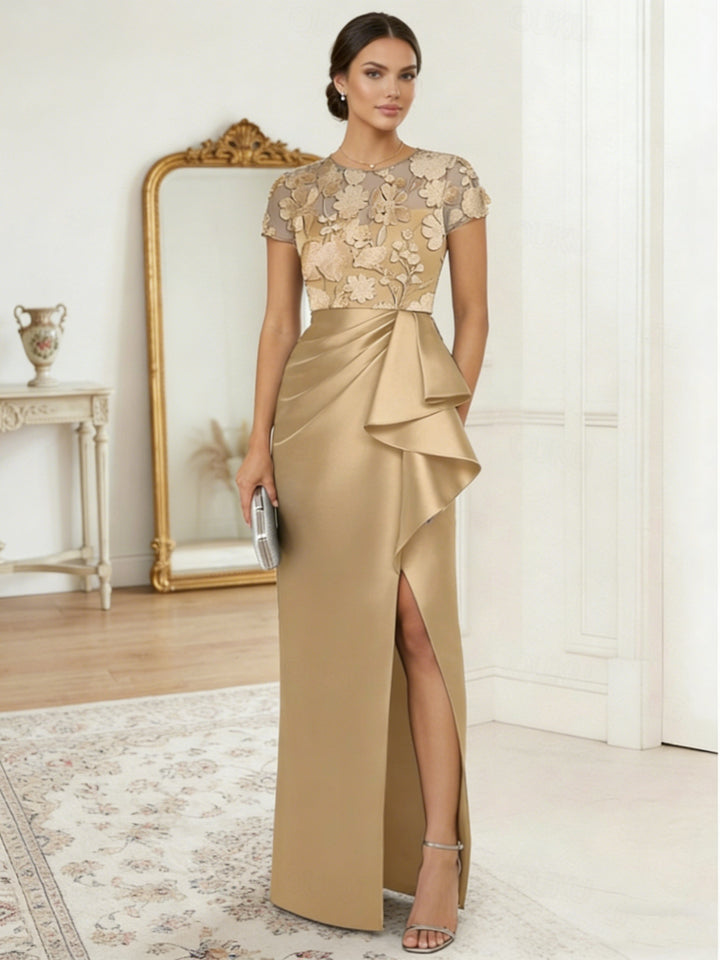 Sheath/Column Scoop Satin Evening Dresses with Split Side Lace Floral Floor-Length Short Sleeves Party Dresses