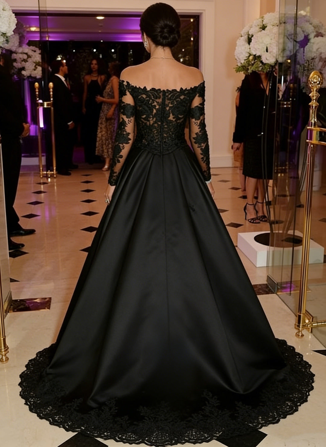 Sheath/Column Off-the-Shoulder Satin Evening Dresses with Overskirt Long Sleeves Lace Floral Floor-Length Party Dresses