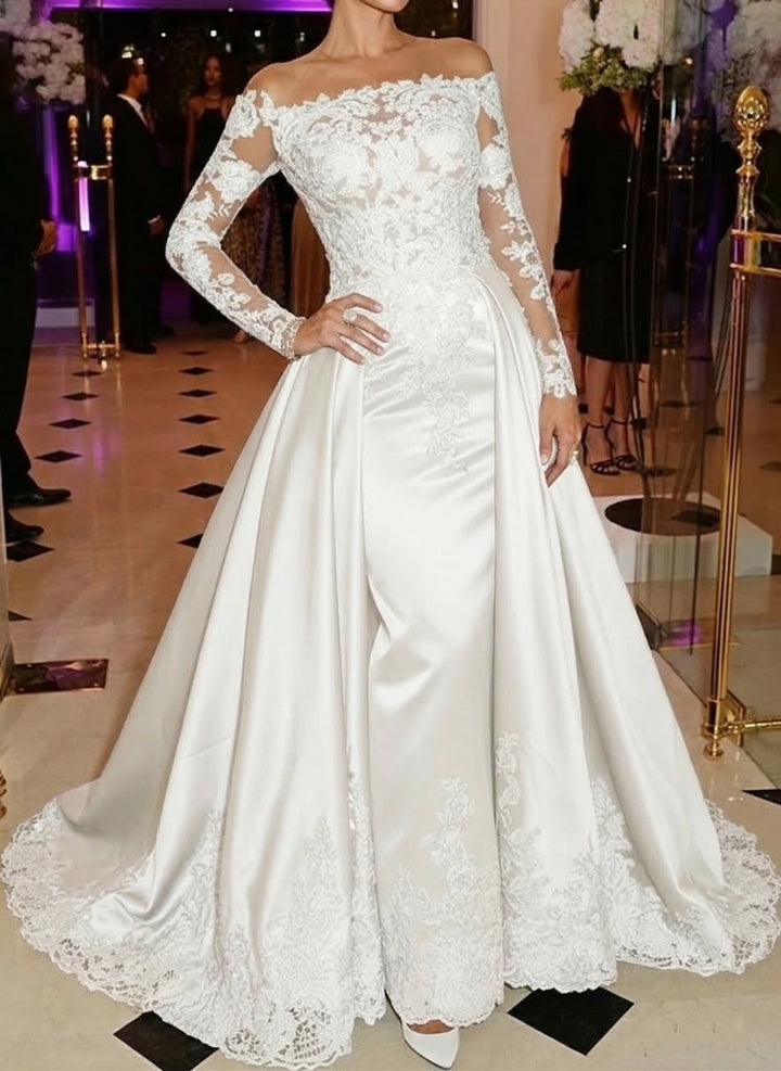 Sheath/Column Off-the-Shoulder Satin Evening Dresses with Overskirt Long Sleeves Lace Floral Floor-Length Party Dresses