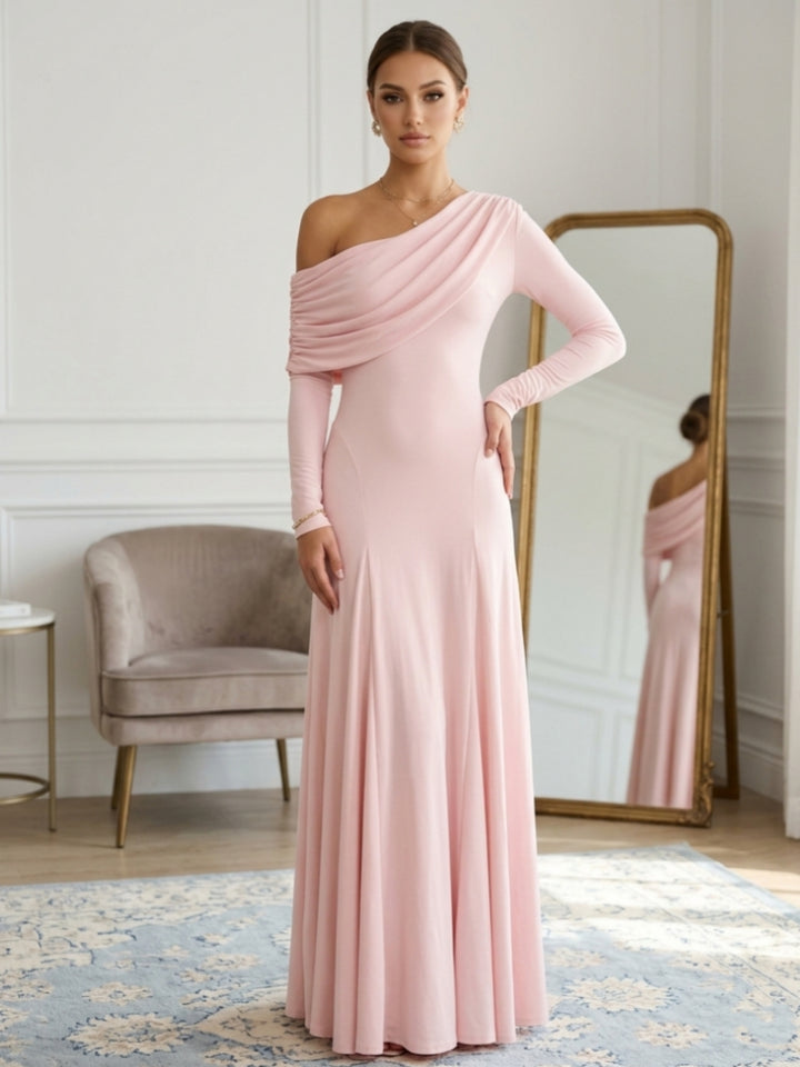 Sheath/Column One-Shoulder Elastic Chiffon Evening Dresses Floor-Length Long Sleeves Ruffles Party Dress