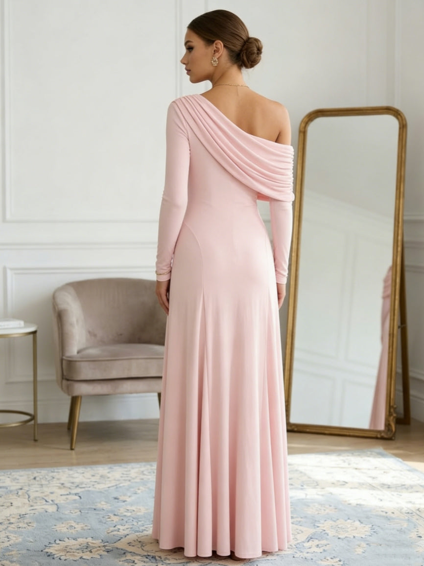 Sheath/Column One-Shoulder Elastic Chiffon Evening Dresses Floor-Length Long Sleeves Ruffles Party Dress