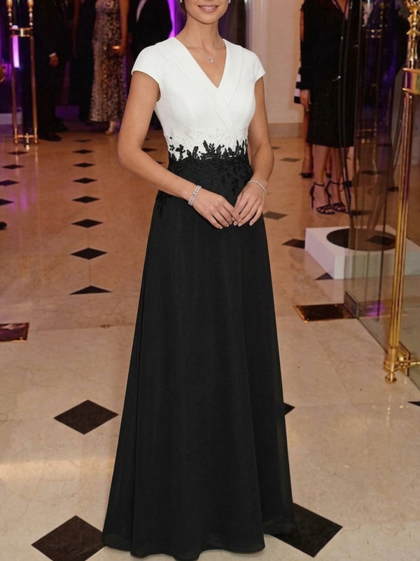 Sheath/Column V-Neck Chiffon Evening Dresses Cap Sleeves Lace Floral Floor-Length Party Dresses