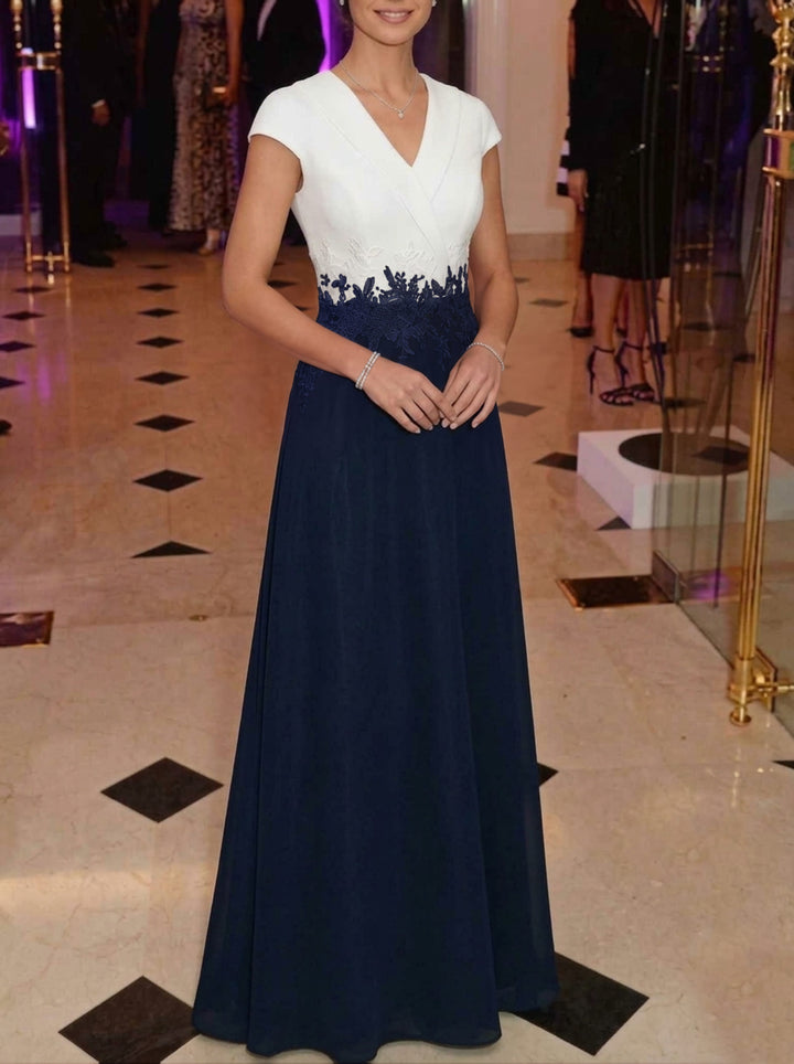 Sheath/Column V-Neck Chiffon Evening Dresses Cap Sleeves Lace Floral Flaoor-Length Party Dresses