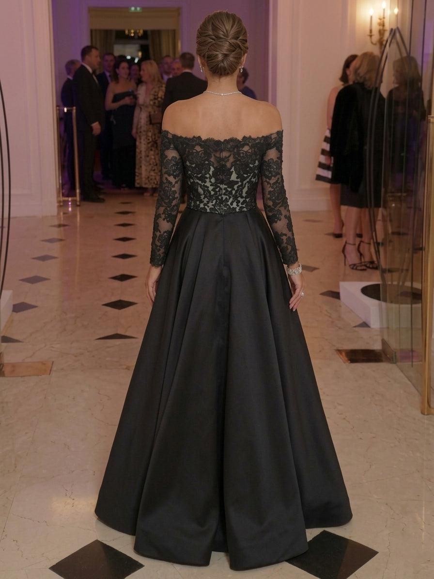 A-Line/Princess Off-the-Shoulder Satin Evening Dresses with Split Side Long Sleeves Lace Floral Floor-Length Bowknot Party Dresses